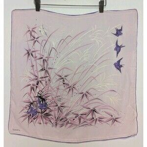 Vintage MCM Chiffon Silk Scarf SIMONE Japan 22" x 22 " Pink Purple Birds Flower